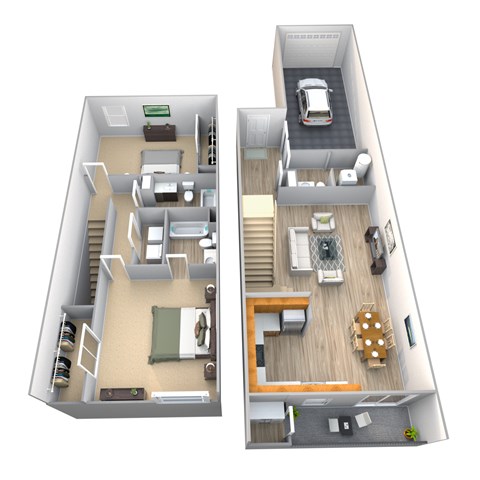 A 3D floor plan of a two-story apartment with a living room, kitchen, and bedrooms.